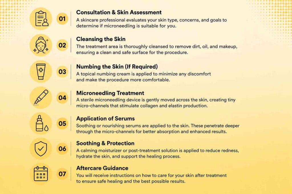 Step-by-step overview of what happens during the Microneedling for Skin Rejuvenation procedure, from consultation to aftercare.