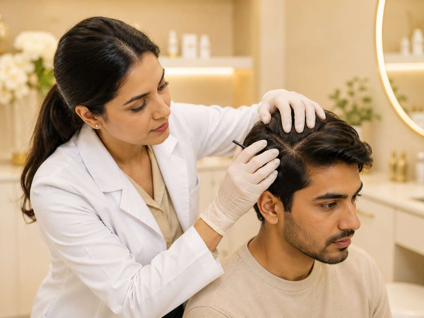 Dermatologist evaluating a candidate for regenerative hair and skin therapy