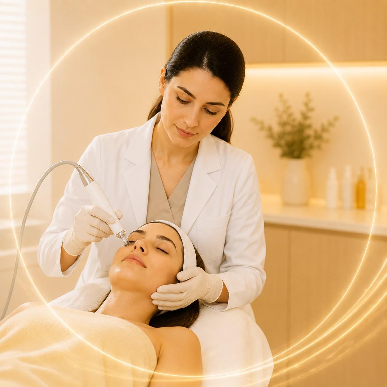 Dermatologist consulting with a patient about acne marks and pigmentation treatment in a modern clinic setting