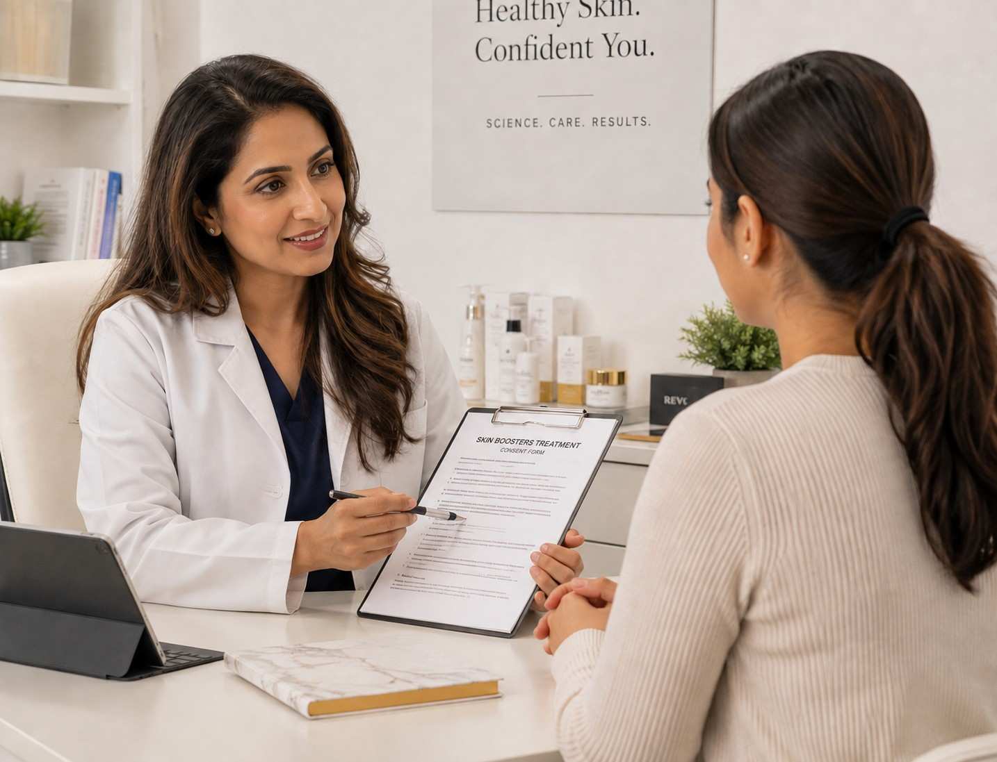 Dermatologist reviewing skin booster risks with patient