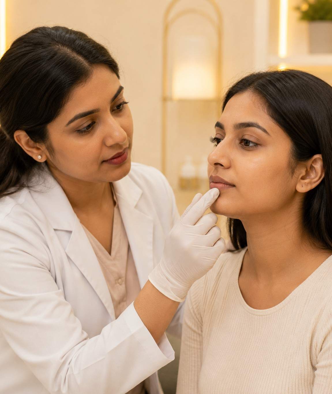 Dermatologist reviewing risks and side effects of lip tone correction
