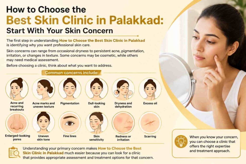 Infographic explaining how to choose the best skin clinic in Palakkad by starting with the primary skin concern, including acne, pigmentation, dryness, excess oil, enlarged pores, uneven skin tone, fine lines, sensitivity, redness, and scarring.