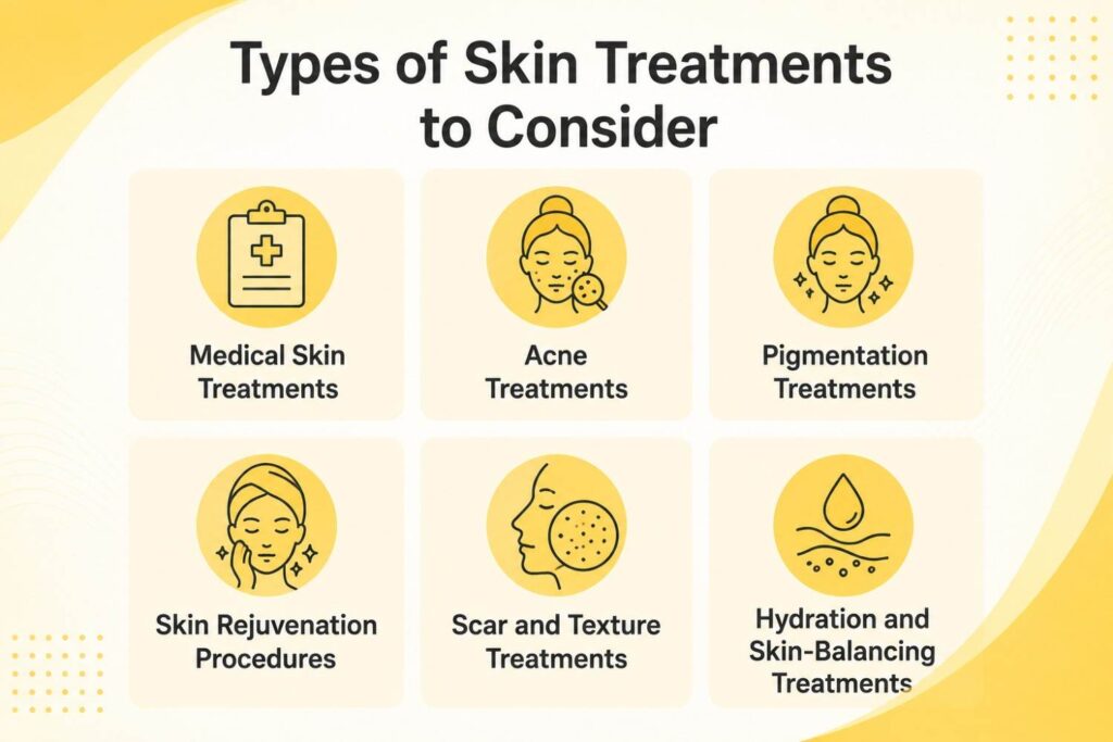 Types of skin treatments to consider, including medical skin treatments, acne treatments, pigmentation treatments, skin rejuvenation procedures, scar and texture treatments, and hydration and skin-balancing treatments.