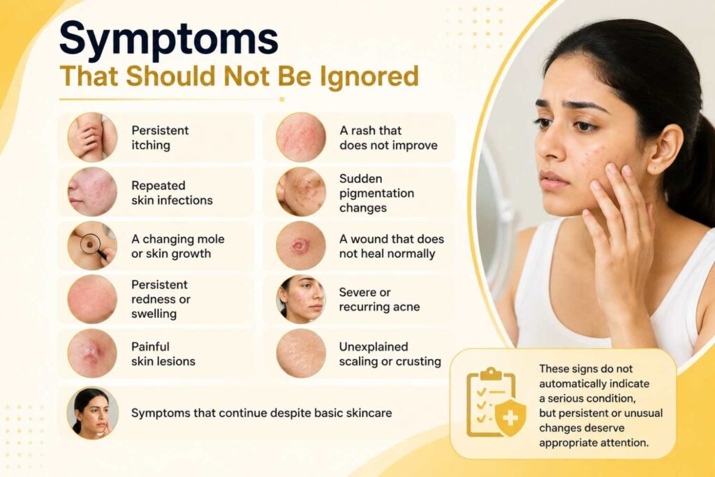 Symptoms that should not be ignored, including persistent itching, non-improving rash, repeated infections, pigmentation changes, changing moles, nonhealing wounds, redness, acne, skin lesions, scaling, and persistent symptoms.