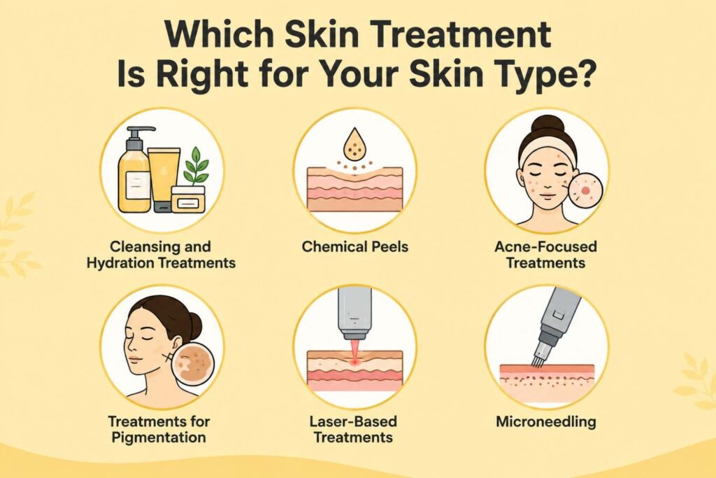 Infographic showing six skin treatment categories: cleansing and hydration treatments, chemical peels, acne-focused treatments, treatments for pigmentation, laser-based treatments, and microneedling.