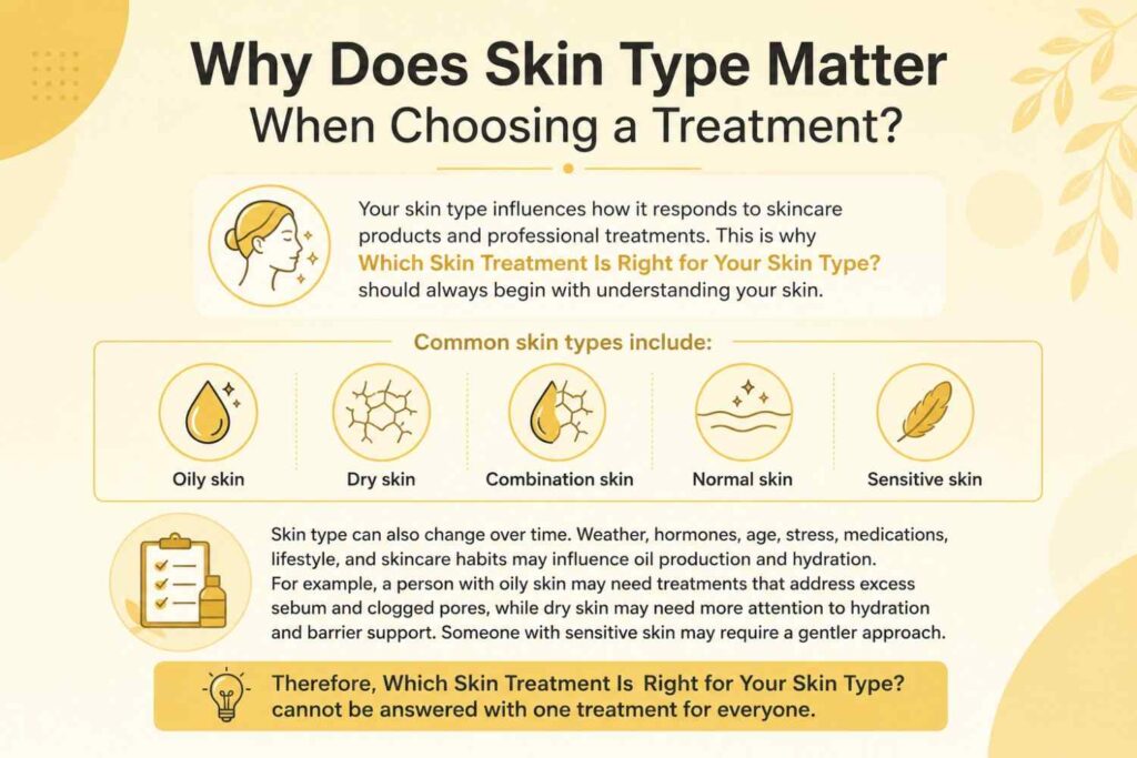 Why skin type matters when choosing a treatment, showing oily, dry, combination, normal, and sensitive skin types.