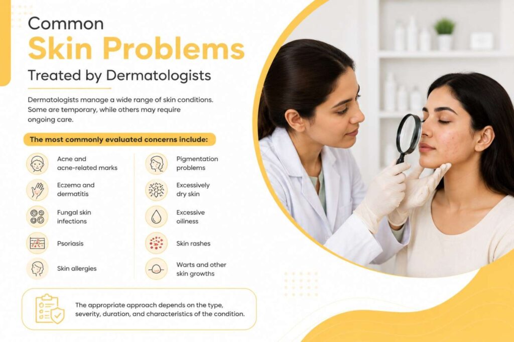 Common Skin Problems Treated by Dermatologists, featuring a dermatologist examining a patient’s skin