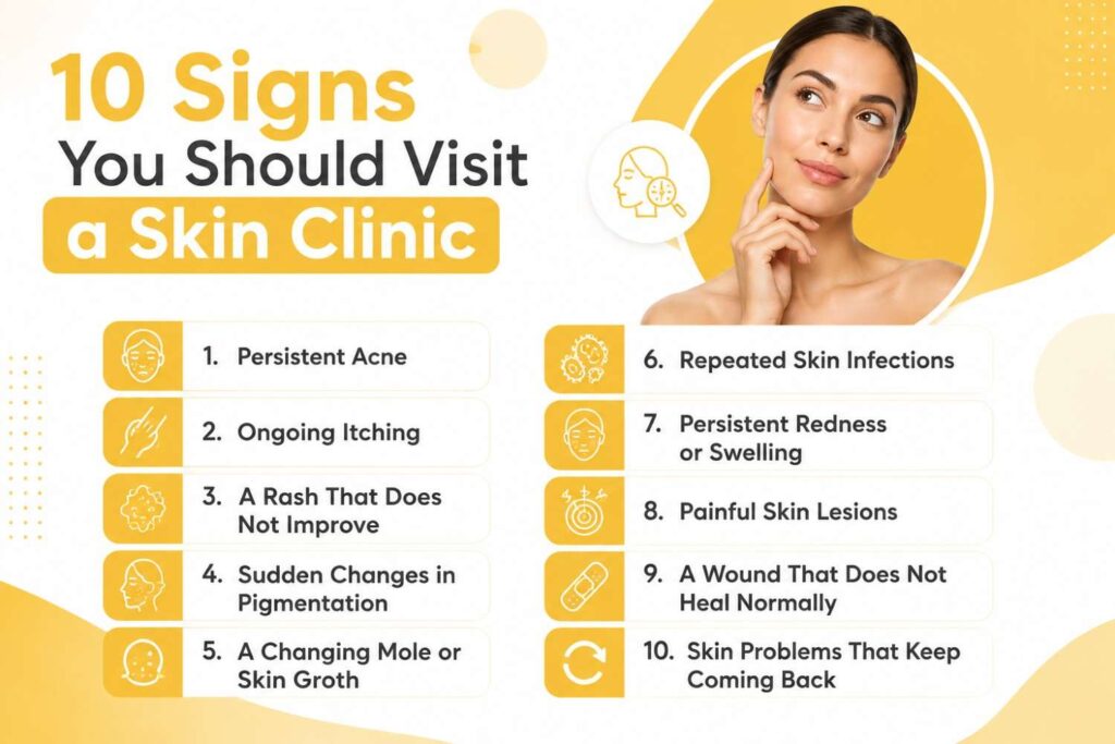 10 Signs You Should Visit a Skin Clinic, including persistent acne, ongoing itching, rashes, pigmentation changes, changing moles, skin infections, redness, painful lesions, non-healing wounds, and recurring skin problems.