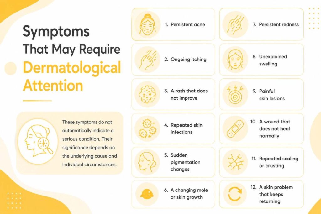 Symptoms That May Require Dermatological Attention infographic listing persistent acne, ongoing itching, non-improving rash, repeated skin infections, pigmentation changes, changing moles, redness, swelling, painful lesions, non-healing wounds, scaling or crusting, and recurring skin problems.