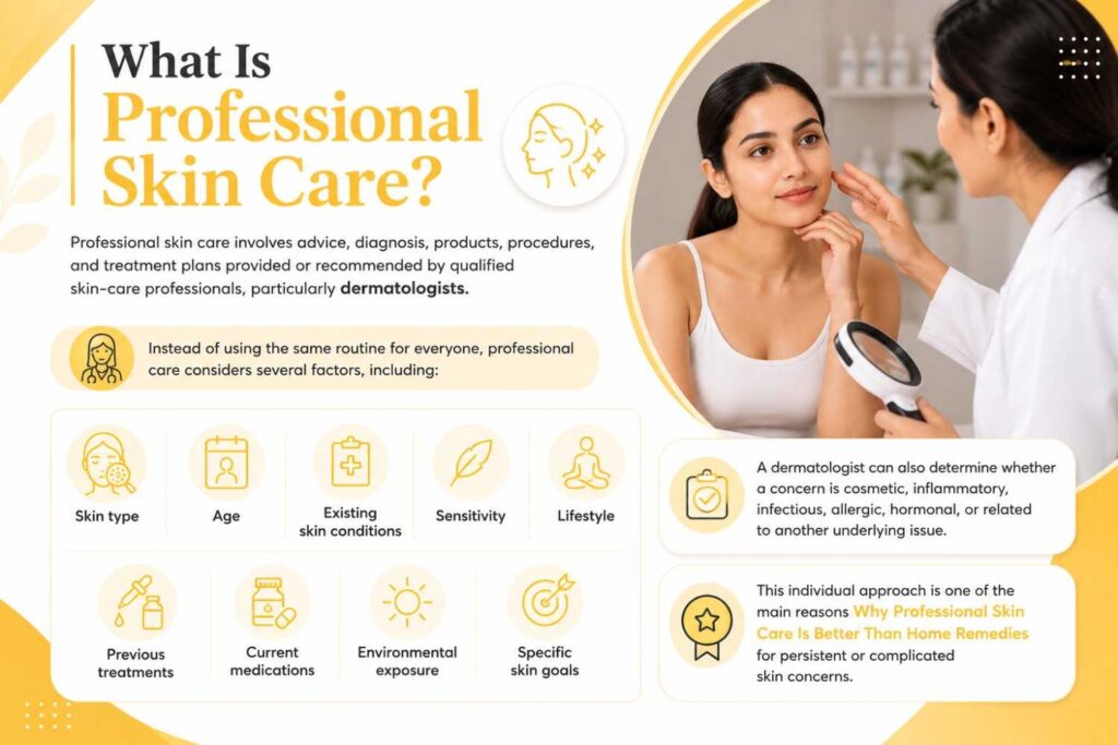 What Is Professional Skin Care? infographic showing dermatologist-guided skin care tailored to skin type, age, existing conditions, sensitivity, lifestyle, previous treatments, medications, environmental exposure, and specific skin goals.